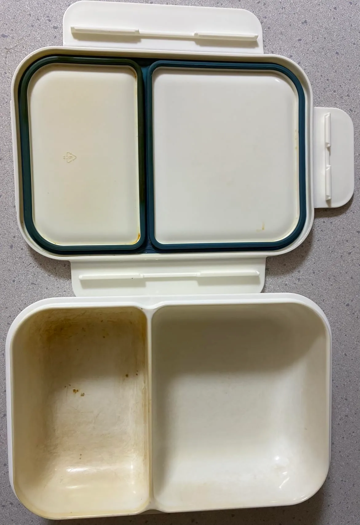 5年以上使用したライスボーイ700ml。内部に黄褐色の色移りがあり、写真左側のロック1箇所がなくなっている。